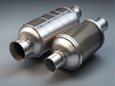 Dwa metalowe filtry DPF na szarym tle, przydatne do regeneracja filtra dpf.