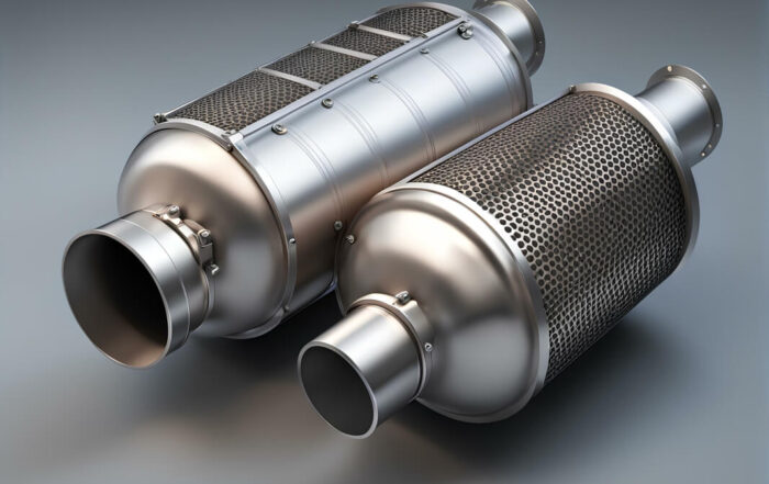 Dwa metalowe filtry DPF na szarym tle, przydatne do regeneracja filtra dpf.